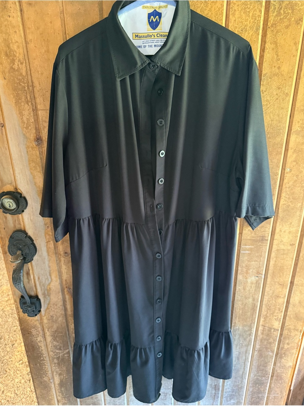 Black Button Front Collared Tiered Ruffle Hem Shirt Dress 2X